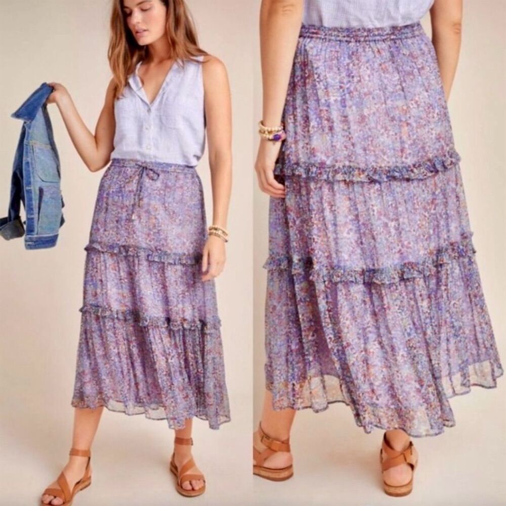 Anthropologie Women's Standard Size 8 Purple Floral Tiered Midi Maxi Skirt‎